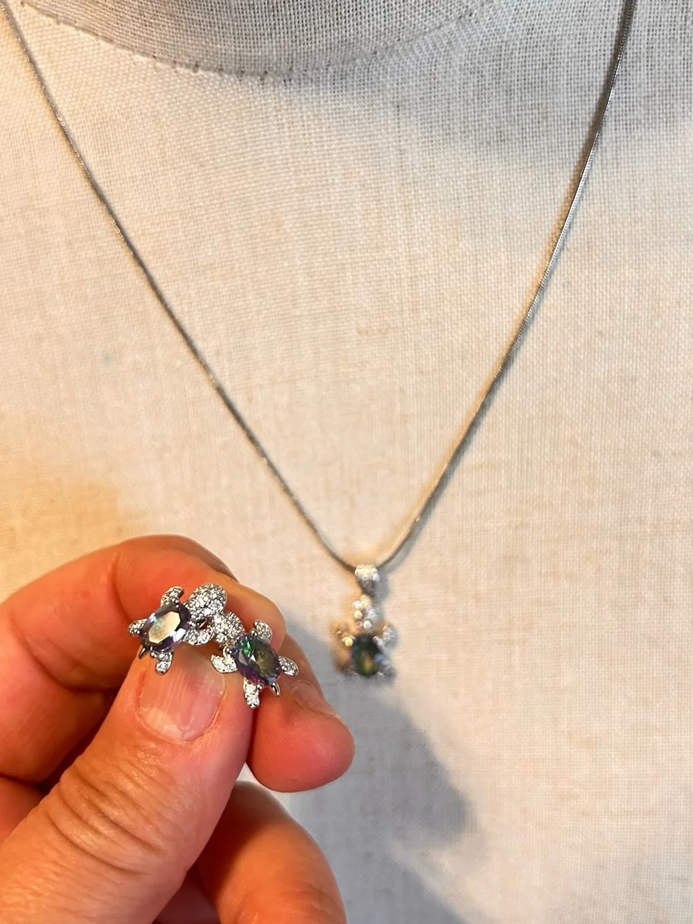 Silver Necklace and Earrings Set with Green Gem Accents